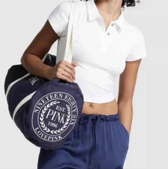Pink by Victoria's Secret Canvas Duffle Bag Navy Gym Weekender Travel Logo NWT - Picture 3 of 15